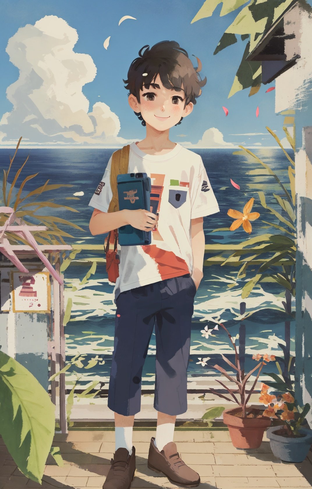 1boy, solo,  shirt, smile, ocean,  flowers, <lora:chahua_V1_bianping09HF:1>