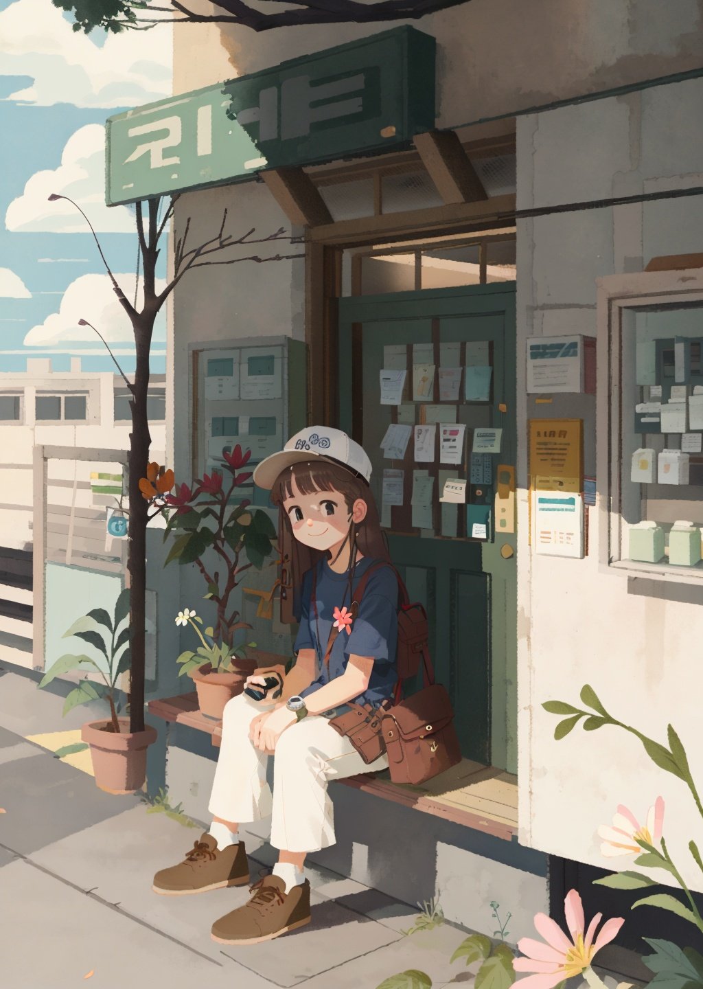 only one girl, tree, outdoors, brown footwear, watch, sitting, shirt, red flower,  flower, black pants, skirt,  building, white skirt, wristwatch,  smile, brown hair, blue shirt, cloud, shoes, pants,  white footwear, long hair, hat,  <lora:chahua_V1_bianping09HF:0.9>, best quality,masterpiece,