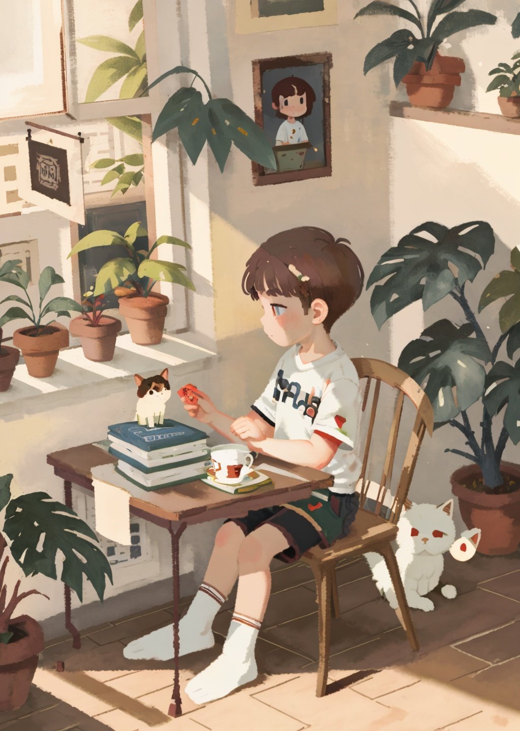 1boy, shirt, plant, book, chair, white shirt,  socks, solo, sitting, table, short sleeves, potted plant, short hair, window, white cat,book, red flower, shorts, vase, profile, brown hair, leaf,<lora:chahua_V1_bianping09HF:0.9>, best quality,masterpiece,