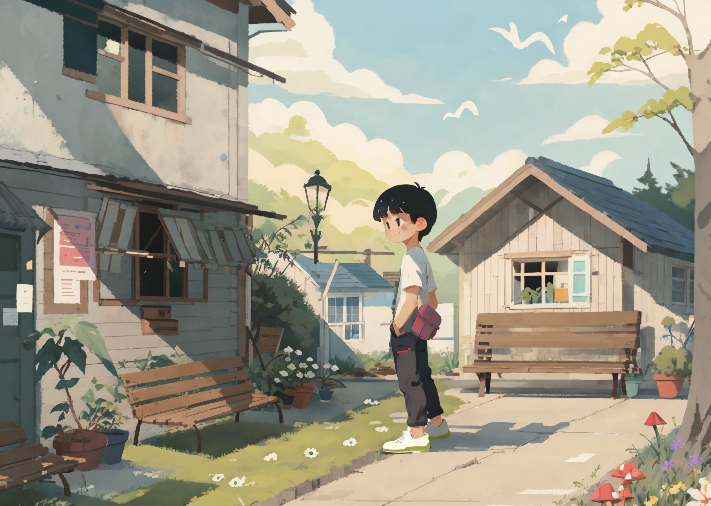 outdoors, tree, mushroom, bag, bird, short sleeves, shirt, white shirt, short hair, holding, cat, black hair, 1boy, shoulder bag, bench, pants, brown footwear, solo, grass, phone, leaf, standing, house, lamppost, rock, male focus, flower, cloud, sky, bangs, smile, shoes, day, building, from side, <lora:chahua_V1_bianping09HF:0.9>, best quality,masterpiece,