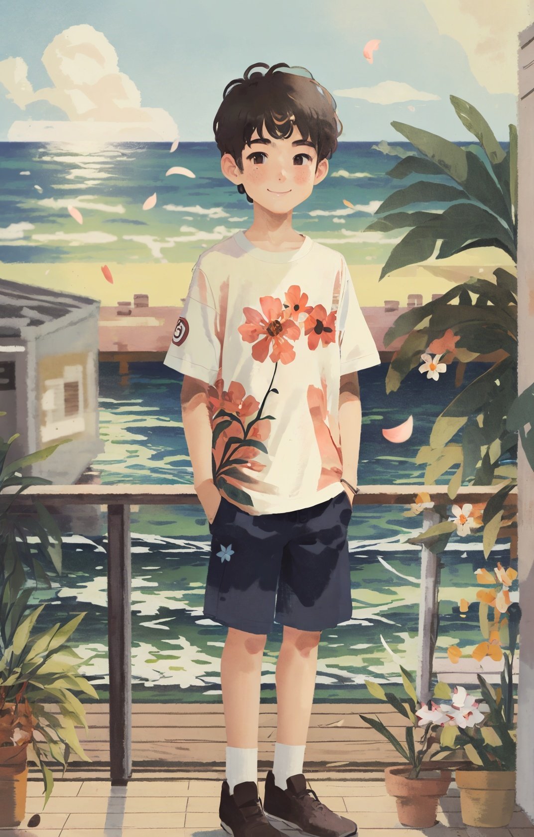 1boy, solo,  shirt, smile, ocean,  flowers, <lora:chahua_V1_bianping09HF:1>