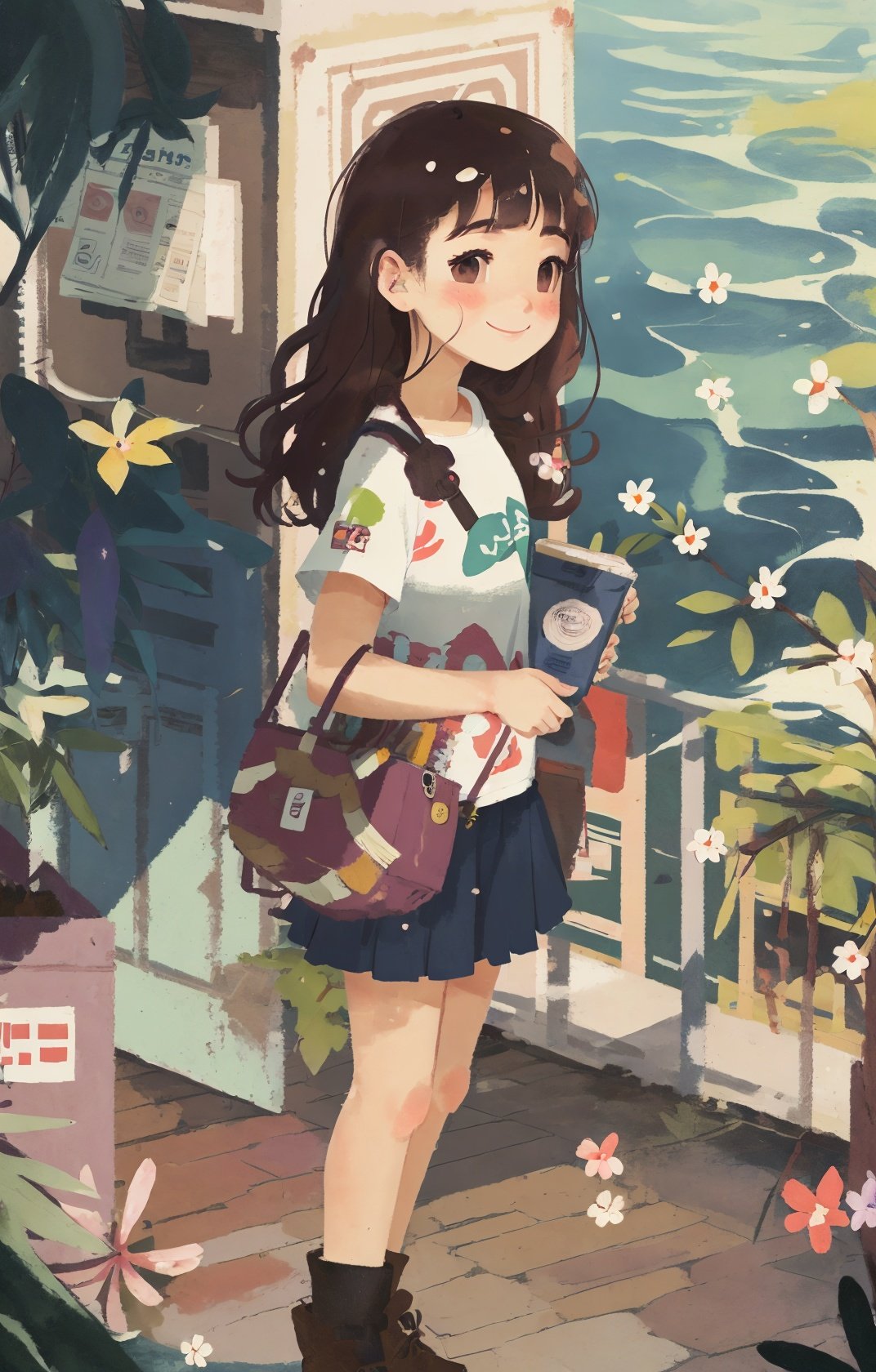 1girl, solo,  shirt, smile, ocean,  flowers, <lora:chahua_V1_bianping09HF:1>