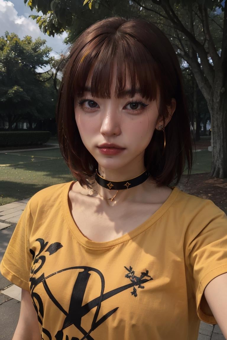 (masterpiece:1.2, best quality), (best illumination, an extremely delicate and beautiful), highres, sharp focus, (portrait:1.5), wearing (yellow t-shirt, black choker:1.3), standing, at the park, sunlight, 1girl, <lora:Billlie Siyoon:0.7>, red hair, <lora:tangbohu_smallhead:0.8>, facing the viewer,