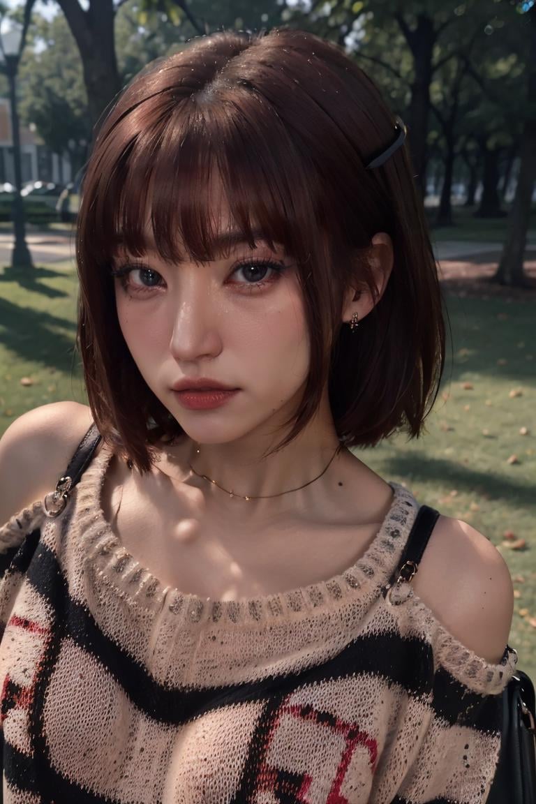 (masterpiece:1.2, best quality), (best illumination, an extremely delicate and beautiful), highres, sharp focus, (close-up:1.7), wearing (oversized stripped sweater, shoulder bag:1.3), standing, at the park, sunlight, 1girl, <lora:Billlie Siyoon:0.7>, red lipstick, bob haircut, <lora:tangbohu_smallhead:0.8>,