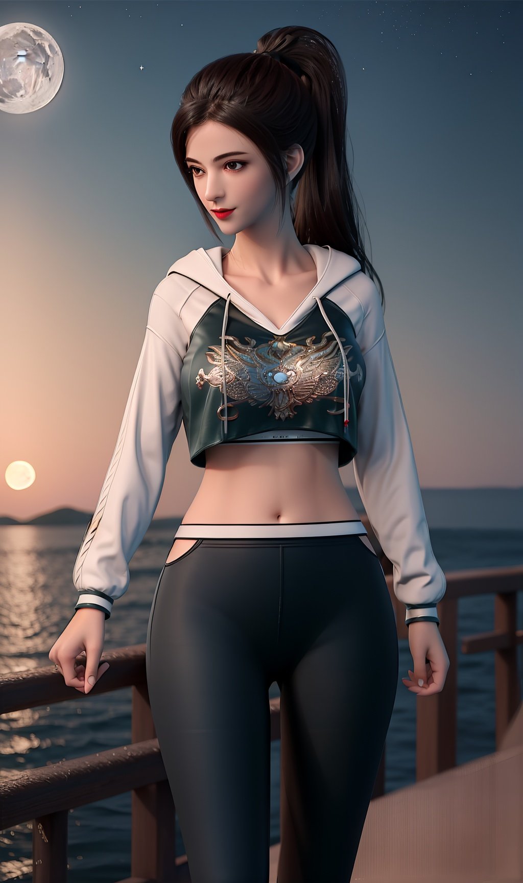 masterpiece,(best quality),official art, extremely detailed cg 8k wallpaper,((crystalstexture skin)), (extremely delicate and beautiful),highly detailed,1girl,solo,long hair,headwear,(standing),(black hair),clothes_writing,hood,black_pants,sweet smile,(clothing,dress),(upper body),black leggings,hood_down,ponytail,yoga_pants,navel,,(Yacht, dock, on board, at sea,Night, moon, moonlight,),sneakers,looking_at_viewer, (cleavage, big breasts), <lora:hipoly3DModelLora_v10:0.3> <lora:tangzichenn-000004:0.75>