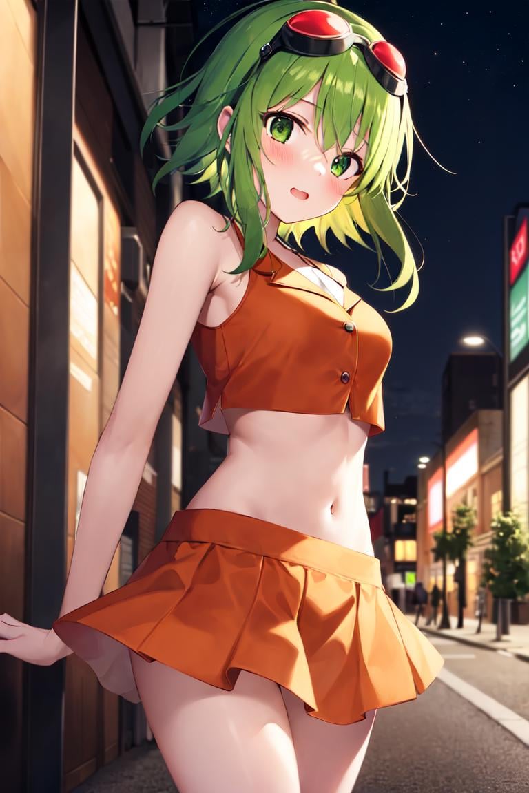 masterpiece, best_quality, 1girl, solo, gumi, crop top, goggles on head, orange skirt, navel, city, street, night