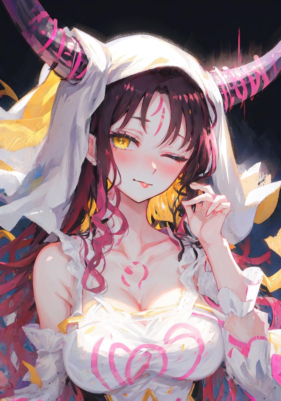 mksks style, masterpiece, best quality, long eyelashes, eyeliner, eyeshadow, mascara, colorful,  pink lips, best quality, ultra-detailed, illustration, close-up, straight on, tsurime, sesshouin kiara, 1girl, breasts,  yellow eyes, horns, blush, veil, long hair, light smile, huge breasts, black hair, collarbone, forehead mark, bare shoulders, facial mark, multicolored hair, chest tattoo, nose blush, tattoo, looking at viewer, cleavage, pink hair, detached sleeves, wavy hair, bangs, very long hair, gradient hair, pink lips, looking at viewer, in space, starry background, portrait, face focus, :p, tongue out, one eye closed