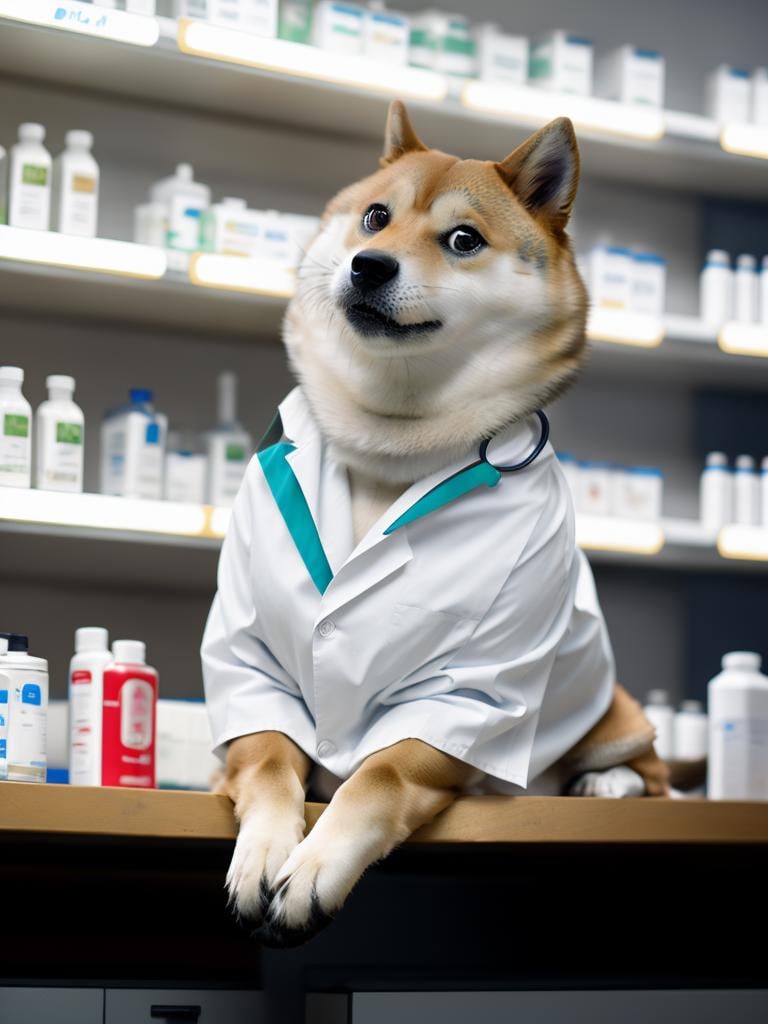 (masterpiece), extremely intricate, (realistic), nature, flowers, sharp focus, dramatic, award winning, cinematic lighting, octane render, unreal engine, volumetrics dtx, 1dog, ntydoge as a doctor wearing doctor's white coat lying in a shelf of a pharmacy, ((full body)),looking at viewer, <lora:Mntydge_10step_5epochgrk:1>