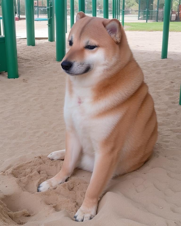 <lora:Cheems_50_2-000001:.9> cheems sitting in a sand box at a childrens playground, dejected and sad, sunny day outdoors