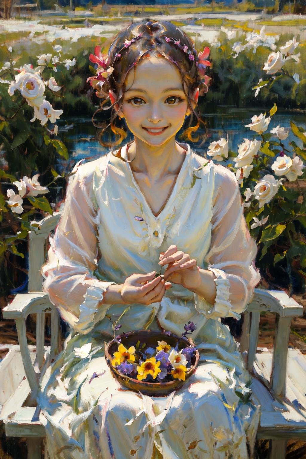 masterpiece, best quality, highres, 1girl outdoors petals smile <lora:classic_oil_painting:1>