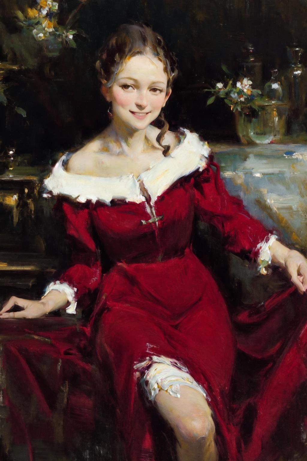 masterpiece, best quality, highres, 1girl red dress smile <lora:classic_oil_painting:1>