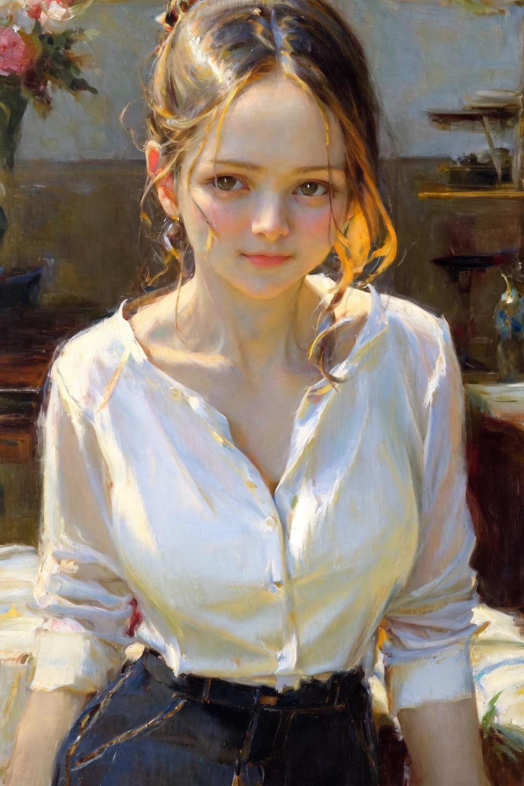 masterpiece, best quality, highres, 1girl white shirt <lora:classic_oil_painting:1>