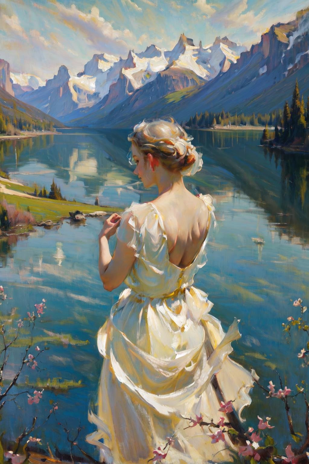 masterpiece, best quality, highres, scenery, lake, 1girl, looking back <lora:classic_oil_painting:1>