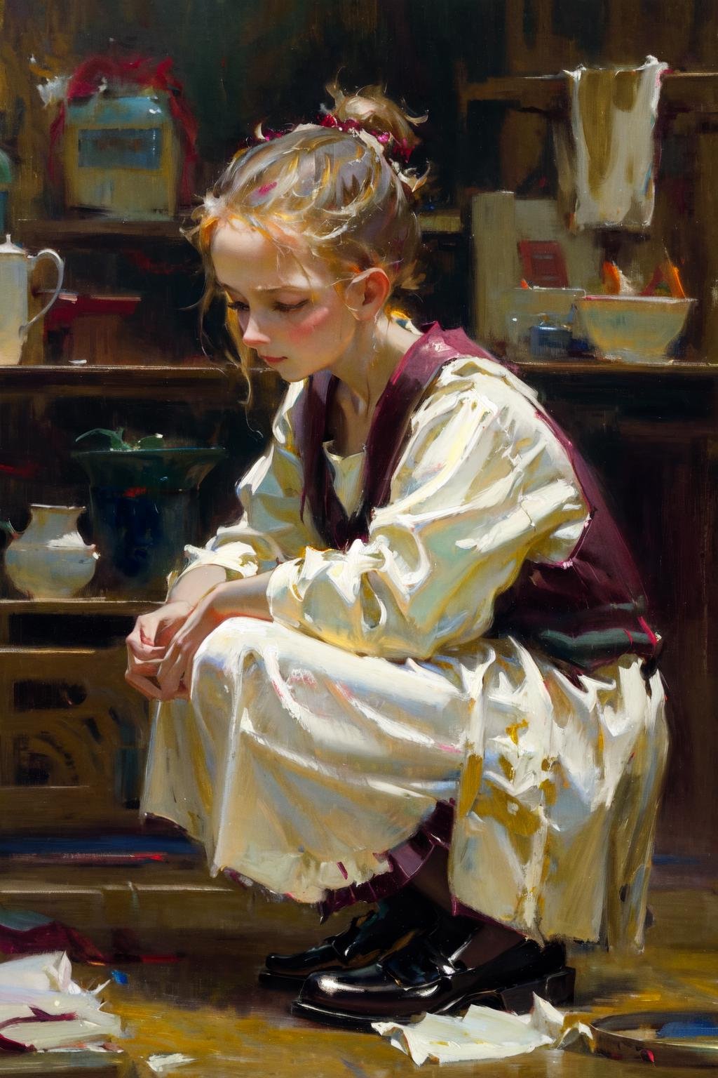 masterpiece, best quality, highres, 1girl squatting <lora:classic_oil_painting:1>