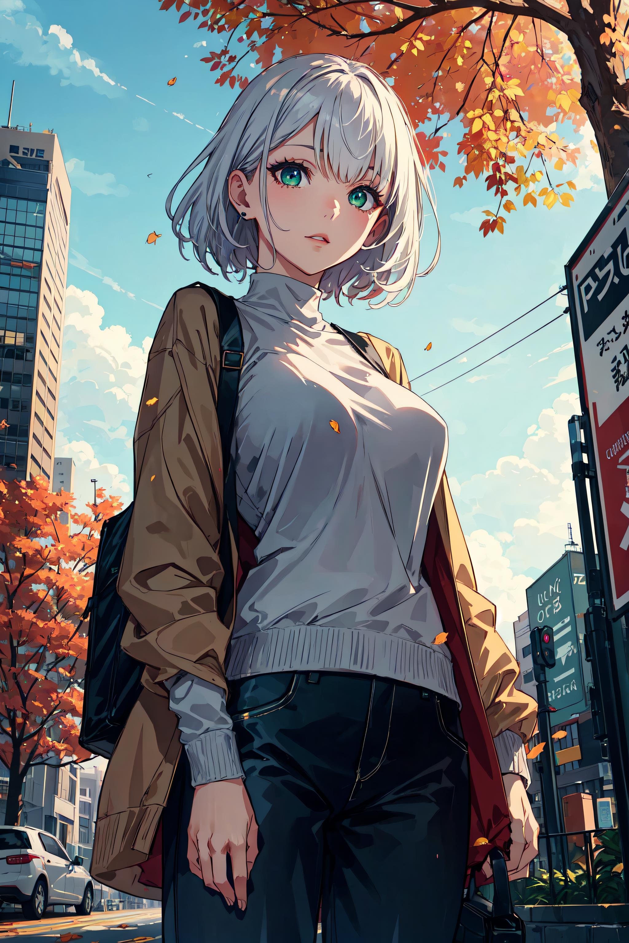 japan, highres, highest quallity, illustration,  ultra detailed, (detailed face), (detailed eyes), soft lighting, best quality, hazy glow, dreamy atmosphere, hyper detailed, masterpiece, 1girl, solo, silver hair, green eyes, knitwear, luminous eyes, medium breasts, (colorful), cowboy shot, from below, outdoors, morning, clouds, tall buildings in background, industrial, public transportation, urban, concrete buildings, concrete, sidewalk, busy, trees, autumn, falling leaves, 