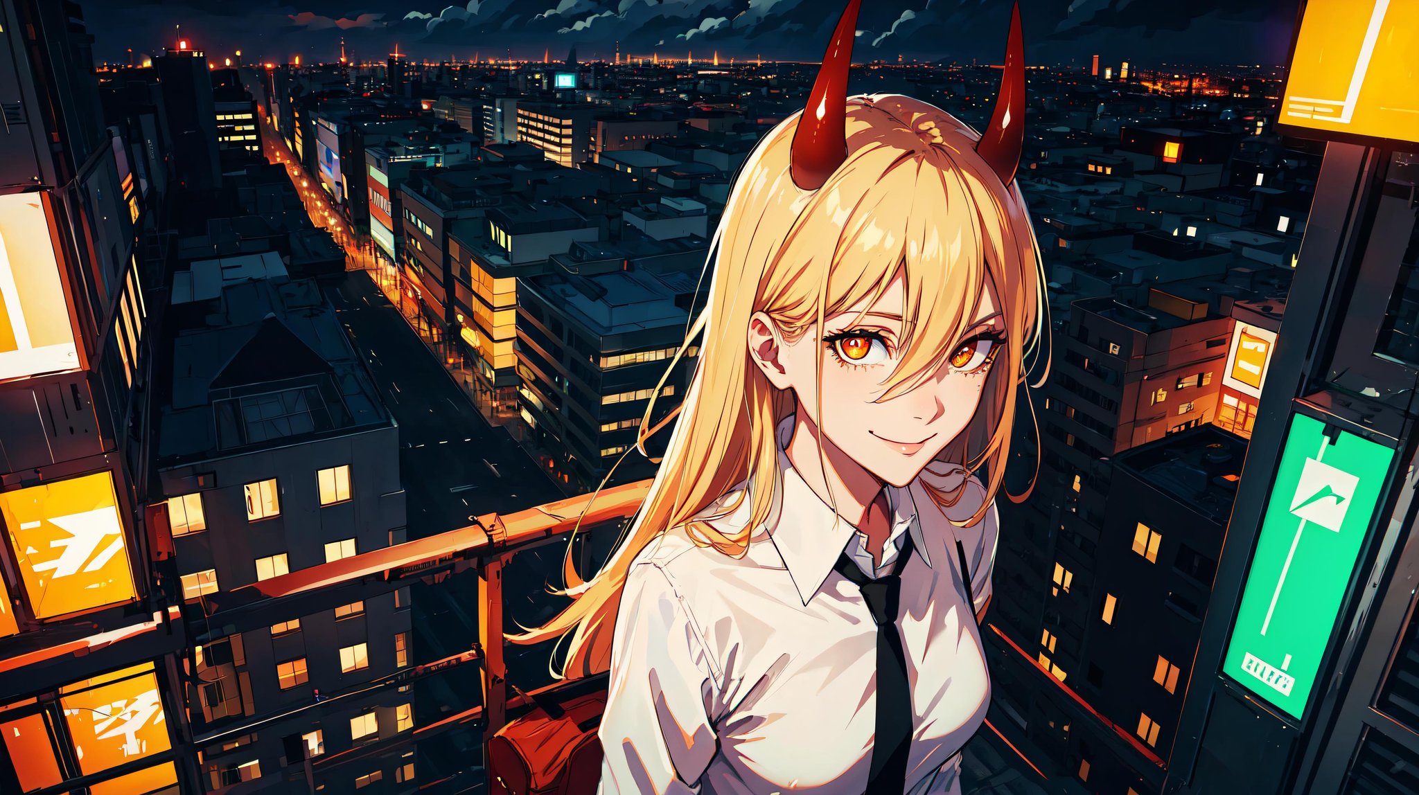 power \(chainsaw man\), highres, highest quality, illustration,  ultra detailed, (detailed face), (detailed eyes), cinematic lighting, best quality, hyper detailed, masterpiece, detailed background, 1girl, solo, red horns, blonde hair, long hair, cross-shaped pupils, symbol-shaped pupils, orange eyes, white shirt, black tie, luminous eyes, medium breasts, light rays, (colorful), smile, upper body, from above, rooftop, city from distance, clouds, street, public transport, concrete structures, night <lora:powerLora72MBWith_v1:0.4>