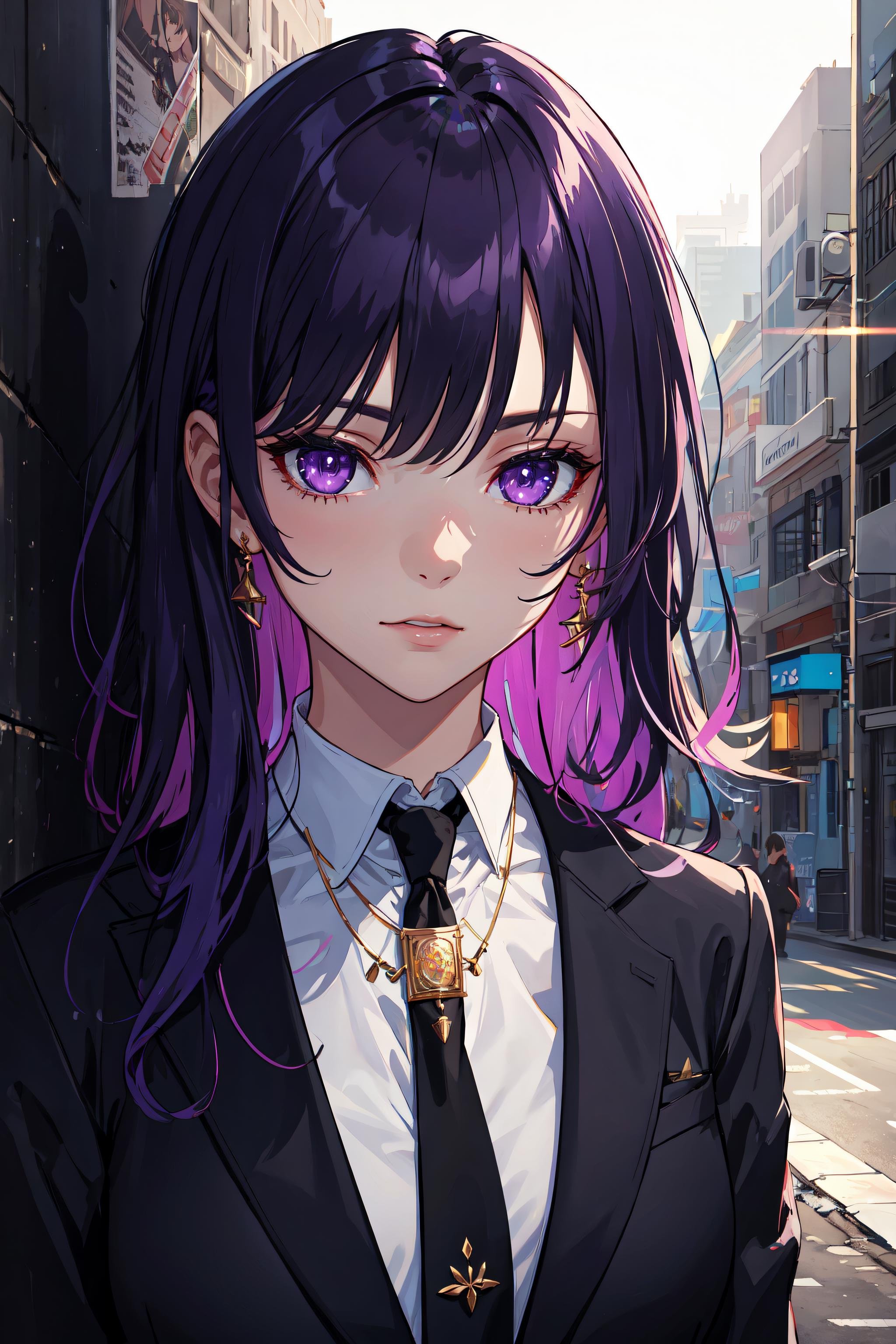 highres, highest quallity, illustration,  ultra detailed, (detailed face), (detailed eyes), cinematic lighting, best quality, hyper detailed, masterpiece, fine lines, 1girl, solo, purple hair, purple eyes, black blazer, white shirt, black tie,  jewellery, necklace, luminous eyes, medium breasts, light rays, (colorful), upper body, smug, outdoors, concrete wall, industrial