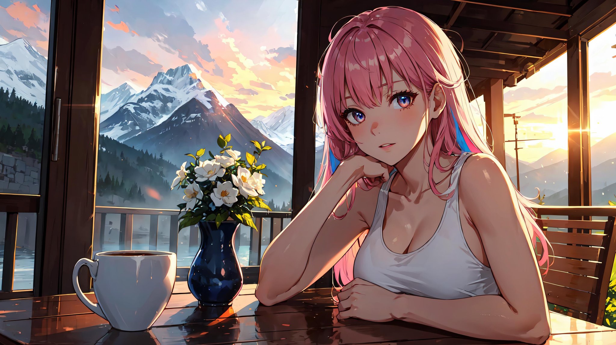 highres, highest quality, illustration,  ultra detailed, (detailed face), (detailed eyes), cinematic lighting, best quality, hyper detailed, masterpiece, detailed background, 1girl, solo, pink hair, long hair, brown eyes, tank top, white tank top, panties, luminous eyes, medium breasts, light rays, (colorful), mid shot, sitting on porch, mountains, water, cup of coffee, morning, breeze, cold, sunrise, vase on table