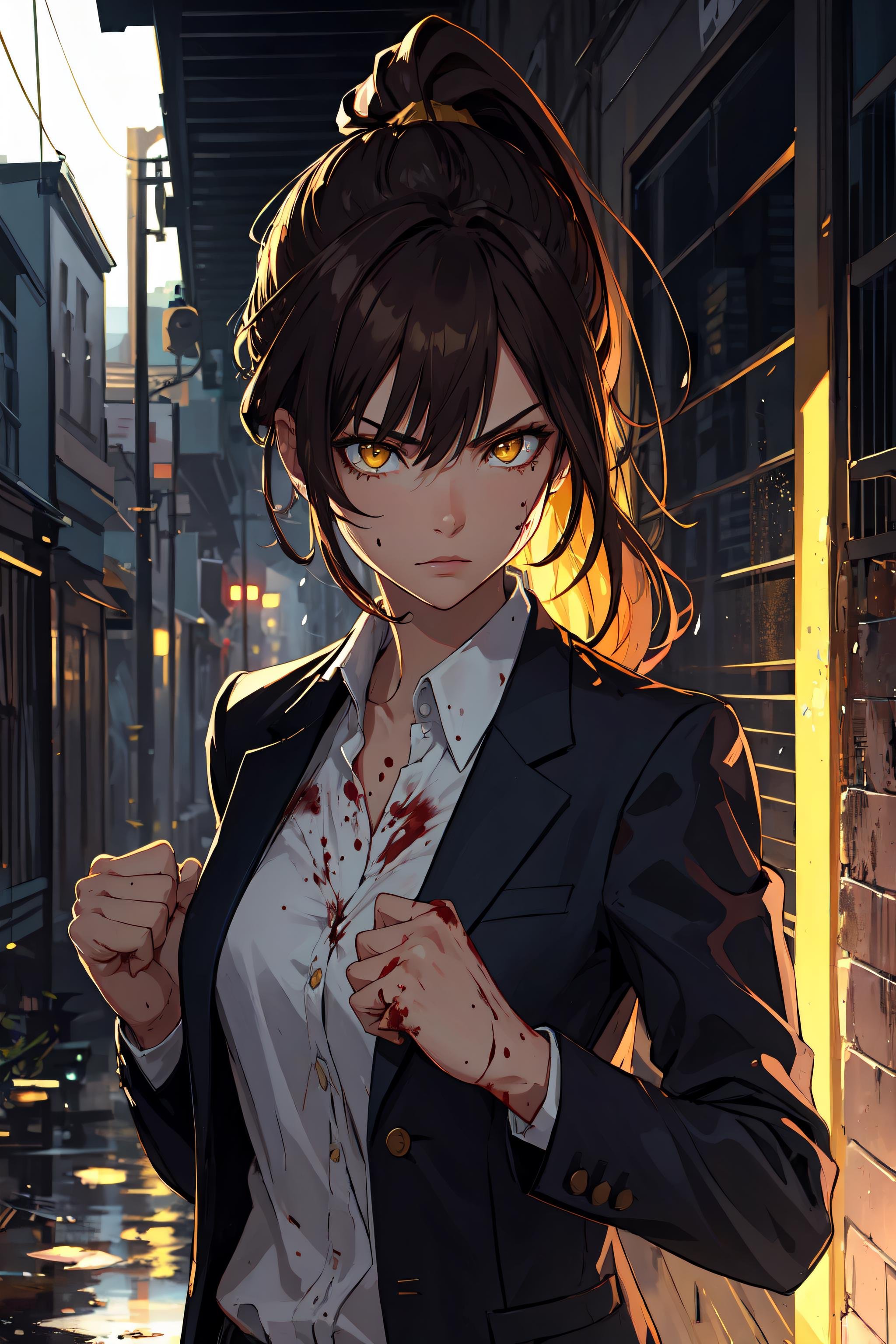 highres, highest quality, illustration,  ultra detailed, (detailed face), (detailed eyes), cinematic lighting, best quality, hyper detailed, masterpiece,1girl, solo, brown hair, long hair, ponytail, yellow eyes, blazer, tired, dirty, muddy, blood, luminous eyes, medium breasts, light rays, (colorful), upper body, looking at viewer, looking serious, alleyway, grey sky, rainy, bent, fighting stance, hands forward, holding fist, ready to fight