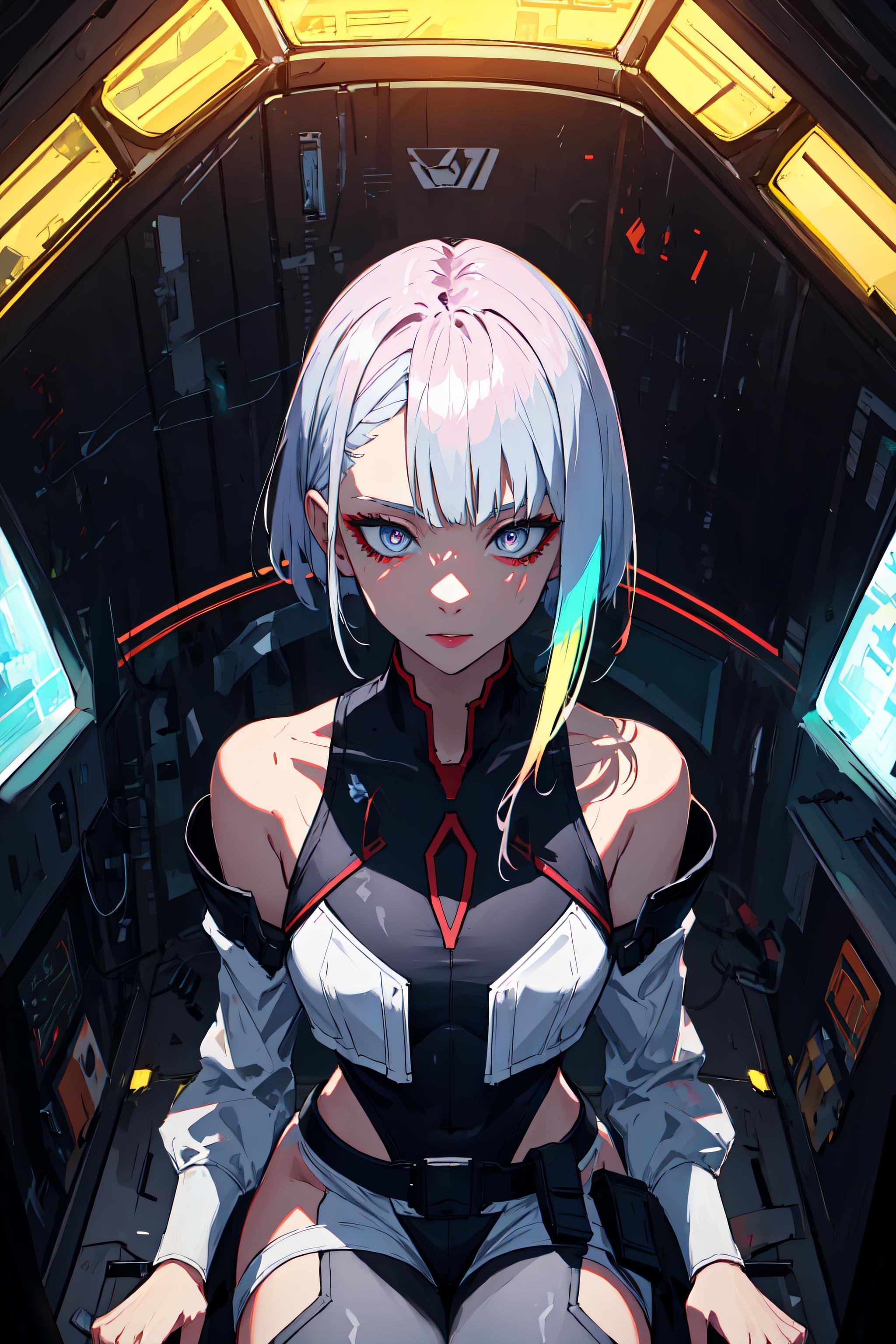 highres, highest quallity, illustration,  ultra detailed, (detailed face), (detailed eyes), cinematic lighting, best quality, hyper detailed, masterpiece, 1girl, solo, grey eyes, short hair, multicolour hair, asymmetrical hair, belt, jacket, off shoulder, bodysuit, detached sleeves, hip vent, luminous eyes, medium breasts, (colorful), upper body, from above, sitting, looking at viewer, indoors, inside a spaceship, futuristic, window <lora:lucyCyberpunk_35Epochs:0.6>