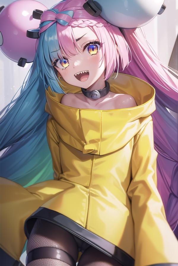 pokemoniono, <lora:pokemon iono-lora-nochekaiser:1>,pokemon iono, blue hair, bow-shaped hair, character hair ornament, hair ornament, long hair, low-tied long hair, multicolored hair, pink hair, sharp teeth, split-color hair, twintails, two-tone hair, (pink eyes:1.5), <lora:talkmouth_A_v100:1>, open mouth,BREAK asymmetrical legwear, bell, bow-shaped hair, character hair ornament, hexagon print, oversized clothes, pantyhose, single leg pantyhose, split-color hair, jacket, (yellow jacket:1.5),BREAK looking at viewer, upper body, full body, (cowboy shot:1.5),BREAK outdoors, nature, sky,BREAK <lyco:GoodHands-beta2:1>, (masterpiece:1.2), best quality, high resolution, unity 8k wallpaper, (illustration:0.8), (beautiful detailed eyes:1.6), extremely detailed face, perfect lighting, extremely detailed CG, (perfect hands, perfect anatomy),