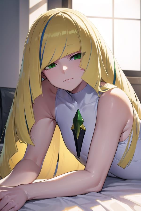 pokemonlusamine, <lora:pokemonlusamine-lora-nochekaiser:1>,pokemonlusamine, blonde hair, (green eyes:1.5), hair over one eye, long hair, multicolored hair, streaked hair, very long hair, <lora:sensualface_type2:1>, smile,BREAK bare arms, diamond (shape), dress, gem, green gemstone, leggings, short dress, sleeveless, sleeveless dress, white dress, white leggings,BREAK looking at viewer, upper body, full body,BREAK indoors,BREAK <lyco:GoodHands-beta2:1>, (masterpiece:1.2), best quality, high resolution, unity 8k wallpaper, (illustration:0.8), (beautiful detailed eyes:1.6), extremely detailed face, perfect lighting, extremely detailed CG, (perfect hands, perfect anatomy),