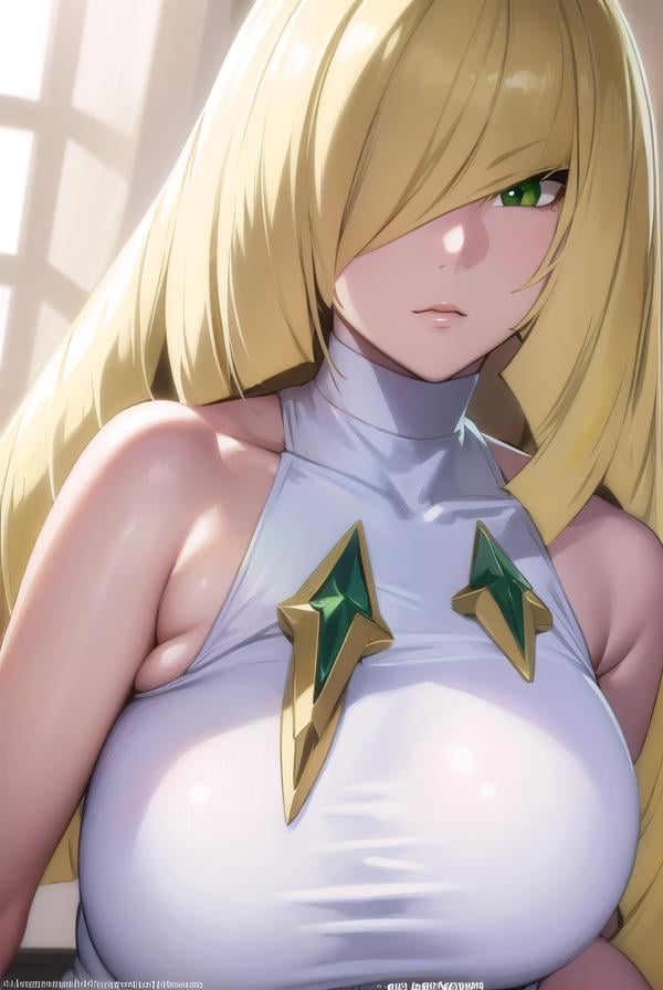 pokemonlusamine, <lora:pokemonlusamine-lora-nochekaiser:1>,pokemonlusamine, blonde hair, (green eyes:1.5), hair over one eye, long hair, multicolored hair, streaked hair, very long hair,BREAK bare arms, diamond (shape), dress, gem, green gemstone, leggings, short dress, sleeveless, sleeveless dress, white dress, white leggings,BREAK looking at viewer, upper body, full body,BREAK indoors,BREAK <lyco:GoodHands-beta2:1>, (masterpiece:1.2), best quality, high resolution, unity 8k wallpaper, (illustration:0.8), (beautiful detailed eyes:1.6), extremely detailed face, perfect lighting, extremely detailed CG, (perfect hands, perfect anatomy),