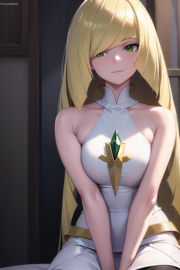 pokemonlusamine, <lora:pokemonlusamine-lora-nochekaiser:1>,pokemonlusamine, blonde hair, (green eyes:1.5), hair over one eye, long hair, multicolored hair, streaked hair, very long hair, <lora:sensualface_type2:1>, smile,BREAK bare arms, diamond (shape), dress, gem, green gemstone, leggings, short dress, sleeveless, sleeveless dress, white dress, white leggings,BREAK looking at viewer, upper body, full body,BREAK indoors,BREAK <lyco:GoodHands-beta2:1>, (masterpiece:1.2), best quality, high resolution, unity 8k wallpaper, (illustration:0.8), (beautiful detailed eyes:1.6), extremely detailed face, perfect lighting, extremely detailed CG, (perfect hands, perfect anatomy),