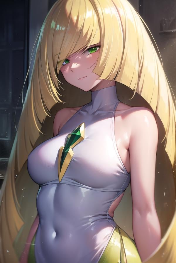 pokemonlusamine, <lora:pokemonlusamine-lora-nochekaiser:1>,pokemonlusamine, blonde hair, (green eyes:1.5), hair over one eye, long hair, multicolored hair, streaked hair, very long hair, <lora:sensualface_type2:1>, smile,BREAK bare arms, diamond (shape), dress, gem, green gemstone, leggings, short dress, sleeveless, sleeveless dress, white dress, white leggings,BREAK looking at viewer, upper body, full body,BREAK indoors,BREAK <lyco:GoodHands-beta2:1>, (masterpiece:1.2), best quality, high resolution, unity 8k wallpaper, (illustration:0.8), (beautiful detailed eyes:1.6), extremely detailed face, perfect lighting, extremely detailed CG, (perfect hands, perfect anatomy),