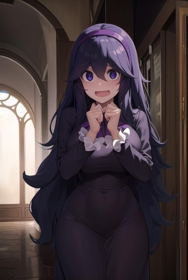 hexmaniac, <lora:hex maniac-lora-nochekaiser:1>,(hex maniac:1.5), hairband, messy hair, (purple eyes:1.1), purple hair, purple hairband, @ @, <lora:wavymouth_type1_v100:1>, open mouth,BREAK black dress, dress, long dress, long sleeves, juliet sleeves,BREAK looking at viewer, upper body, full body, (cowboy shot:1.5),BREAK indoors, library,BREAK <lyco:GoodHands-beta2:1>, (masterpiece:1.2), best quality, high resolution, unity 8k wallpaper, (illustration:0.8), (beautiful detailed eyes:1.6), extremely detailed face, perfect lighting, extremely detailed CG, (perfect hands, perfect anatomy),