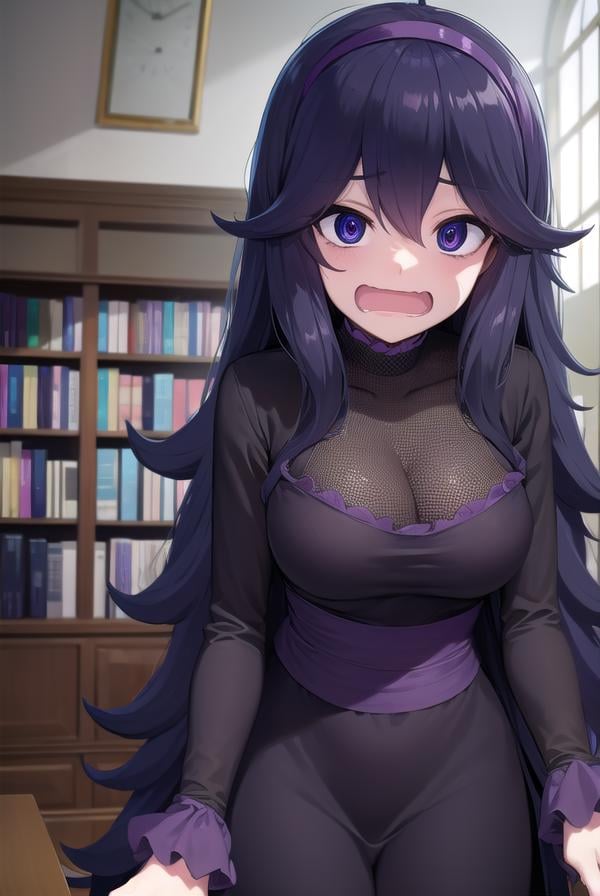 hexmaniac, <lora:hex maniac-lora-nochekaiser:1>,(hex maniac:1.5), hairband, messy hair, (purple eyes:1.1), purple hair, purple hairband, @ @, <lora:wavymouth_type1_v100:1>, open mouth,BREAK black dress, dress, long dress, long sleeves, juliet sleeves,BREAK looking at viewer, upper body, full body, (cowboy shot:1.5),BREAK indoors, library,BREAK <lyco:GoodHands-beta2:1>, (masterpiece:1.2), best quality, high resolution, unity 8k wallpaper, (illustration:0.8), (beautiful detailed eyes:1.6), extremely detailed face, perfect lighting, extremely detailed CG, (perfect hands, perfect anatomy),