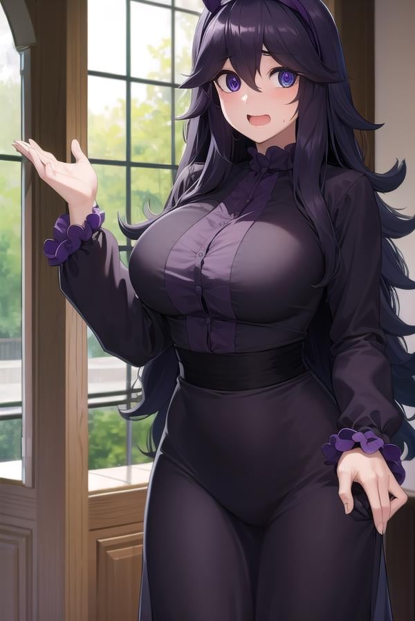 hexmaniac, <lora:hex maniac-lora-nochekaiser:1>,(hex maniac:1.5), hairband, messy hair, (purple eyes:1.1), purple hair, purple hairband, @ @, <lora:wavymouth_type1_v100:1>, open mouth,BREAK black dress, dress, long dress, long sleeves, juliet sleeves,BREAK looking at viewer, upper body, full body, (cowboy shot:1.5),BREAK indoors, library,BREAK <lyco:GoodHands-beta2:1>, (masterpiece:1.2), best quality, high resolution, unity 8k wallpaper, (illustration:0.8), (beautiful detailed eyes:1.6), extremely detailed face, perfect lighting, extremely detailed CG, (perfect hands, perfect anatomy),