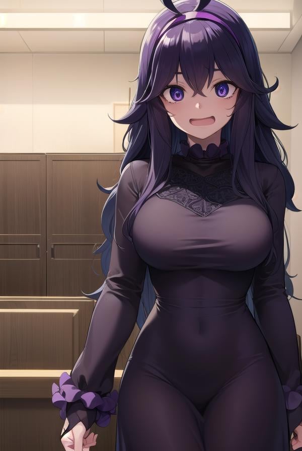 hexmaniac, <lora:hex maniac-lora-nochekaiser:1>,(hex maniac:1.5), hairband, messy hair, (purple eyes:1.1), purple hair, purple hairband, @ @, <lora:wavymouth_type1_v100:1>, open mouth,BREAK black dress, dress, long dress, long sleeves, juliet sleeves,BREAK looking at viewer, upper body, full body, (cowboy shot:1.5),BREAK indoors, library,BREAK <lyco:GoodHands-beta2:1>, (masterpiece:1.2), best quality, high resolution, unity 8k wallpaper, (illustration:0.8), (beautiful detailed eyes:1.6), extremely detailed face, perfect lighting, extremely detailed CG, (perfect hands, perfect anatomy),