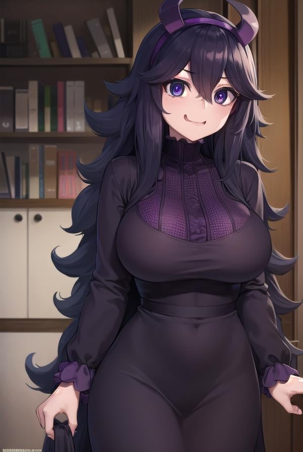 hexmaniac, <lora:hex maniac-lora-nochekaiser:1>,(hex maniac:1.5), hairband, messy hair, (purple eyes:1.1), purple hair, purple hairband, @ @, <lora:wavymouth_type1_v100:1>, open mouth,BREAK black dress, dress, long dress, long sleeves, juliet sleeves,BREAK looking at viewer, upper body, full body, (cowboy shot:1.5),BREAK indoors, library,BREAK <lyco:GoodHands-beta2:1>, (masterpiece:1.2), best quality, high resolution, unity 8k wallpaper, (illustration:0.8), (beautiful detailed eyes:1.6), extremely detailed face, perfect lighting, extremely detailed CG, (perfect hands, perfect anatomy),