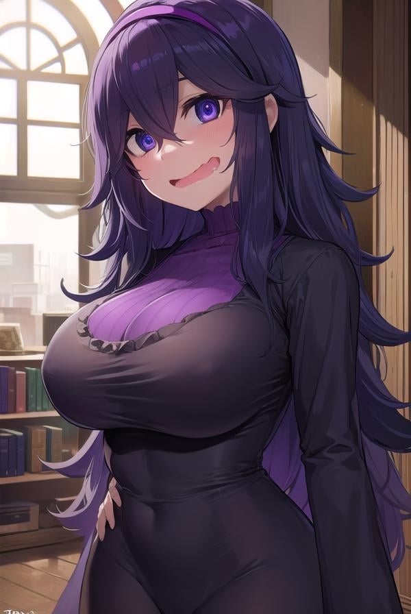 hexmaniac, <lora:hex maniac-lora-nochekaiser:1>,(hex maniac:1.5), hairband, messy hair, (purple eyes:1.1), purple hair, purple hairband, @ @, <lora:wavymouth_type2_v100:1>, open mouth,BREAK black dress, dress, long dress, long sleeves, juliet sleeves,BREAK looking at viewer, upper body, full body, (cowboy shot:1.5),BREAK indoors, library,BREAK <lyco:GoodHands-beta2:1>, (masterpiece:1.2), best quality, high resolution, unity 8k wallpaper, (illustration:0.8), (beautiful detailed eyes:1.6), extremely detailed face, perfect lighting, extremely detailed CG, (perfect hands, perfect anatomy),