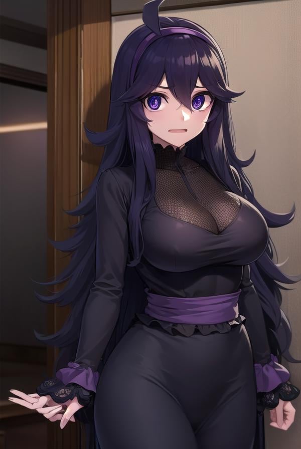 hexmaniac, <lora:hex maniac-lora-nochekaiser:1>,(hex maniac:1.5), hairband, messy hair, (purple eyes:1.1), purple hair, purple hairband, @ @, <lora:wavymouth_type1_v100:1>, open mouth,BREAK black dress, dress, long dress, long sleeves, juliet sleeves,BREAK looking at viewer, upper body, full body, (cowboy shot:1.5),BREAK indoors, library,BREAK <lyco:GoodHands-beta2:1>, (masterpiece:1.2), best quality, high resolution, unity 8k wallpaper, (illustration:0.8), (beautiful detailed eyes:1.6), extremely detailed face, perfect lighting, extremely detailed CG, (perfect hands, perfect anatomy),