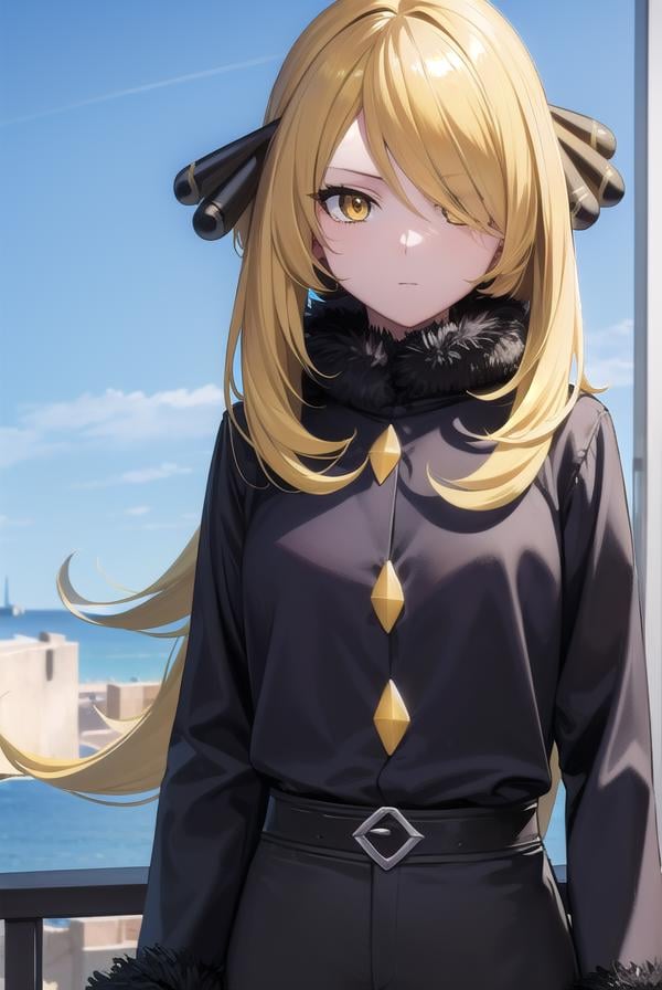 pokemoncynthia, <lora:pokemoncynthia-lora-nochekaiser:1>,pokemoncynthia, blonde hair, hair ornament, hair over one eye, long hair, (yellow eyes:1.5),BREAK black coat, black pants, black shirt, coat, fur collar, fur trim, fur-trimmed sleeves, pants, shirt,BREAK looking at viewer, upper body, full body, (cowboy shot:1.5),BREAK outdoors, nature, sky,BREAK <lyco:GoodHands-beta2:1>, (masterpiece:1.2), best quality, high resolution, unity 8k wallpaper, (illustration:0.8), (beautiful detailed eyes:1.6), extremely detailed face, perfect lighting, extremely detailed CG, (perfect hands, perfect anatomy),