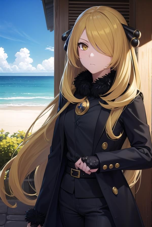 pokemoncynthia, <lora:pokemoncynthia-lora-nochekaiser:1>,pokemoncynthia, blonde hair, hair ornament, hair over one eye, long hair, (yellow eyes:1.5),BREAK black coat, black pants, black shirt, coat, fur collar, fur trim, fur-trimmed sleeves, pants, shirt,BREAK looking at viewer, upper body, full body, (cowboy shot:1.5),BREAK outdoors, nature, sky,BREAK <lyco:GoodHands-beta2:1>, (masterpiece:1.2), best quality, high resolution, unity 8k wallpaper, (illustration:0.8), (beautiful detailed eyes:1.6), extremely detailed face, perfect lighting, extremely detailed CG, (perfect hands, perfect anatomy),