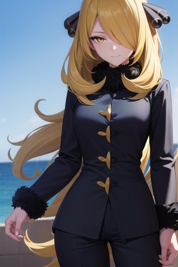 pokemoncynthia, <lora:pokemoncynthia-lora-nochekaiser:1>,pokemoncynthia, blonde hair, hair ornament, hair over one eye, long hair, (yellow eyes:1.5), <lora:sensualface_type1:1>, smile,BREAK black coat, black pants, black shirt, coat, fur collar, fur trim, fur-trimmed sleeves, pants, shirt,BREAK looking at viewer, upper body, full body, (cowboy shot:1.5),BREAK outdoors, nature, sky,BREAK <lyco:GoodHands-beta2:1>, (masterpiece:1.2), best quality, high resolution, unity 8k wallpaper, (illustration:0.8), (beautiful detailed eyes:1.6), extremely detailed face, perfect lighting, extremely detailed CG, (perfect hands, perfect anatomy),