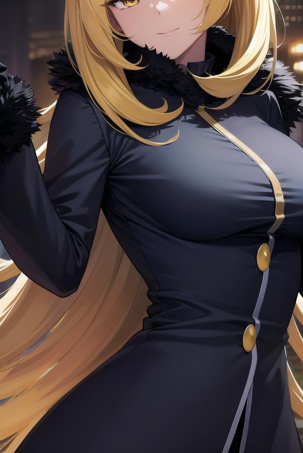 pokemoncynthia, <lora:pokemoncynthia-lora-nochekaiser:1>,pokemoncynthia, blonde hair, hair ornament, hair over one eye, long hair, (yellow eyes:1.5), <lora:sensualface_type1:1>, smile,BREAK black coat, black pants, black shirt, coat, fur collar, fur trim, fur-trimmed sleeves, pants, shirt,BREAK looking at viewer, upper body, full body, (cowboy shot:1.5),BREAK outdoors, nature, sky,BREAK <lyco:GoodHands-beta2:1>, (masterpiece:1.2), best quality, high resolution, unity 8k wallpaper, (illustration:0.8), (beautiful detailed eyes:1.6), extremely detailed face, perfect lighting, extremely detailed CG, (perfect hands, perfect anatomy),