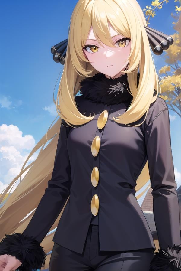 pokemoncynthia, <lora:pokemoncynthia-lora-nochekaiser:1>,pokemoncynthia, blonde hair, hair ornament, hair over one eye, long hair, (yellow eyes:1.5),BREAK black coat, black pants, black shirt, coat, fur collar, fur trim, fur-trimmed sleeves, pants, shirt,BREAK looking at viewer, upper body, full body, (cowboy shot:1.5),BREAK outdoors, nature, sky,BREAK <lyco:GoodHands-beta2:1>, (masterpiece:1.2), best quality, high resolution, unity 8k wallpaper, (illustration:0.8), (beautiful detailed eyes:1.6), extremely detailed face, perfect lighting, extremely detailed CG, (perfect hands, perfect anatomy),