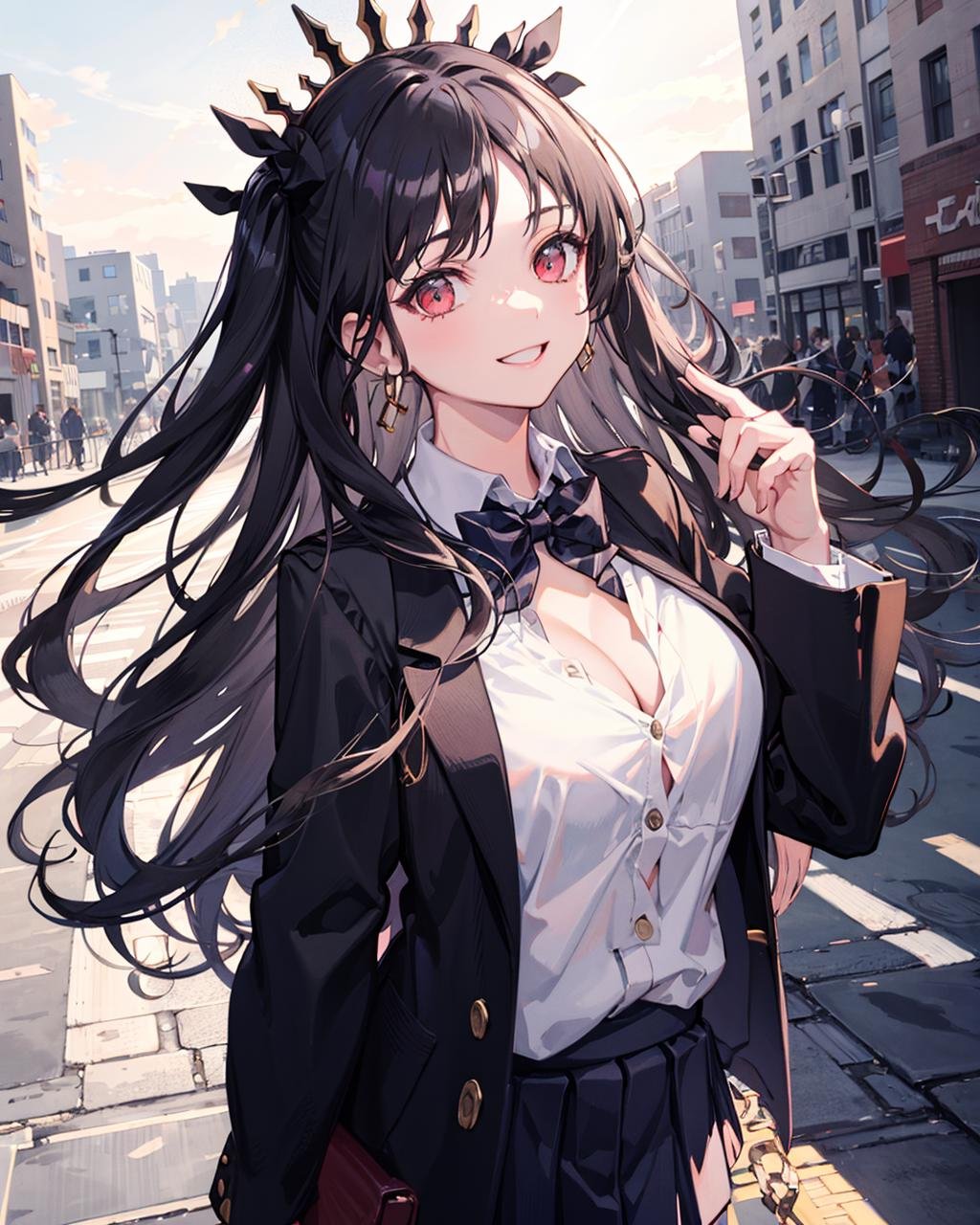 ishtar \(fate\), 1girl,solo,  <lora:IshtarV2:0.7>, cowboy shot, large breasts,cleavage, black_hair,((school uniform:1.2)),outdoors,cityscape,light smile, 