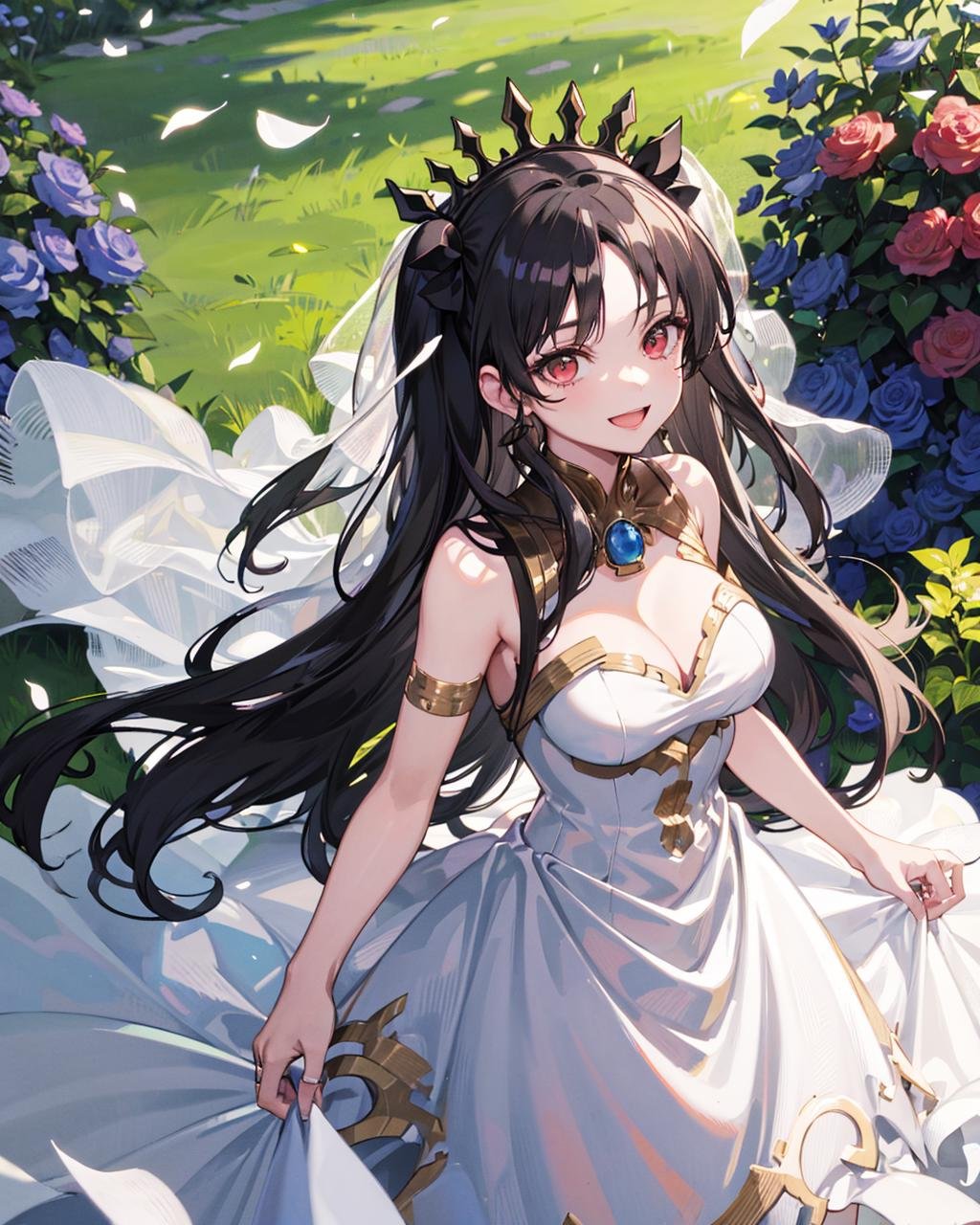 ishtar \(fate\), 1girl,solo,  <lora:IshtarV2:0.7>, cowboy shot, large breasts,cleavage, black_hair,((wedding dress:1.2)),outdoors,garden,light smile, 