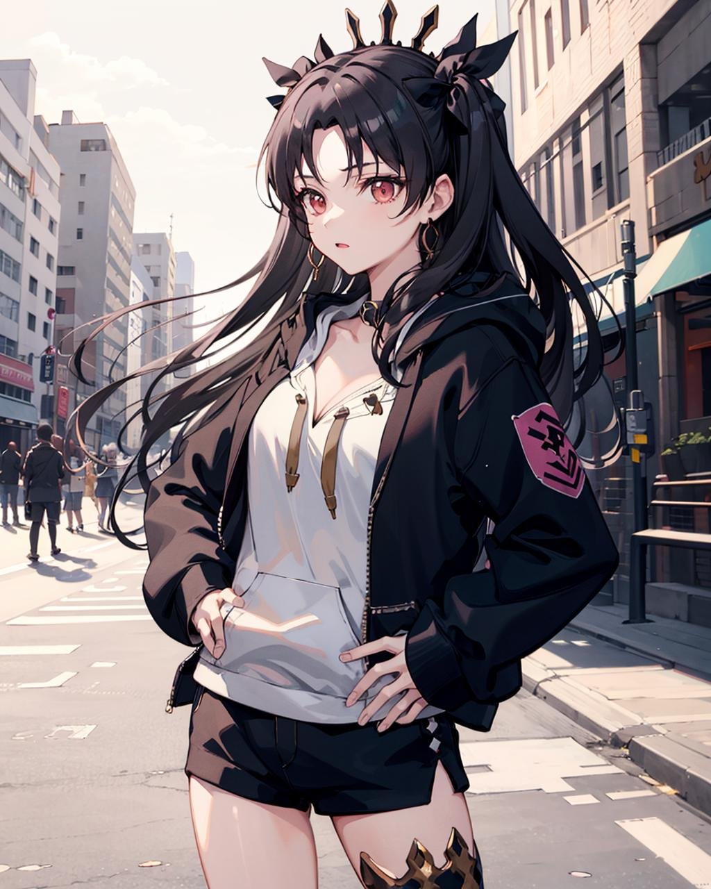 ishtar \(fate\), 1girl,solo,  <lora:IshtarV2:0.7>, cowboy shot, standing, hand on hip, single thighhigh,cleavage, black_hair,((hoodie:1.2)),outdoors,street,