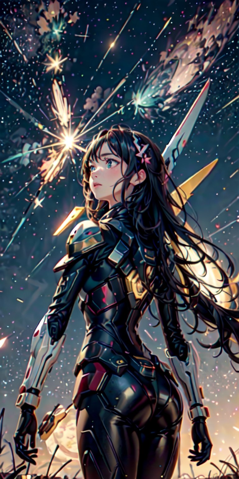 (bottom view), girl standing in a flower field looking up (full moon), (shooting stars), (nebula), sakura, (warm light source:), (Firefly), intricate details, volumetric lighting, (masterpiece), (best quality), 4k, ultra-detailed, (dynamic composition), highly detailed, colorful details, (rainbow colors), (glowing lighting, atmospheric lighting), dreamy, magical,mechanical,mecha_musume