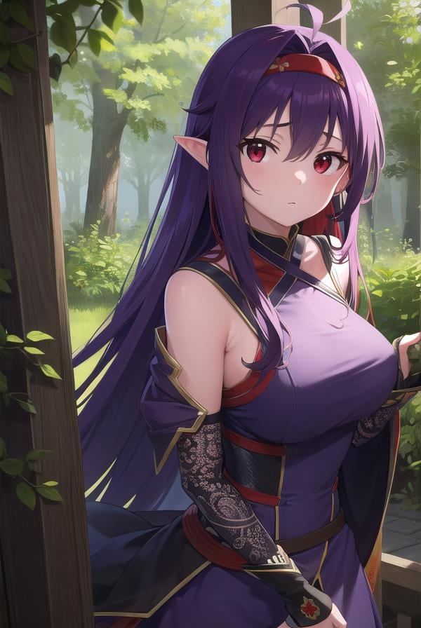 yuukikonno, <lora:yuukikonno-lora-nochekaiser:1>,yuuki konno, hairband, long hair, pointy ears, purple hair, (red eyes:1.5),BREAK black thighhighs, detached sleeves, thighhighs, dress, purple dress, armor, purple armor,BREAK looking at viewer, upper body, full body,BREAK outdoors, forest, nature,BREAK <lyco:GoodHands-beta2:1>, (masterpiece:1.2), best quality, high resolution, unity 8k wallpaper, (illustration:0.8), (beautiful detailed eyes:1.6), extremely detailed face, perfect lighting, extremely detailed CG, (perfect hands, perfect anatomy),