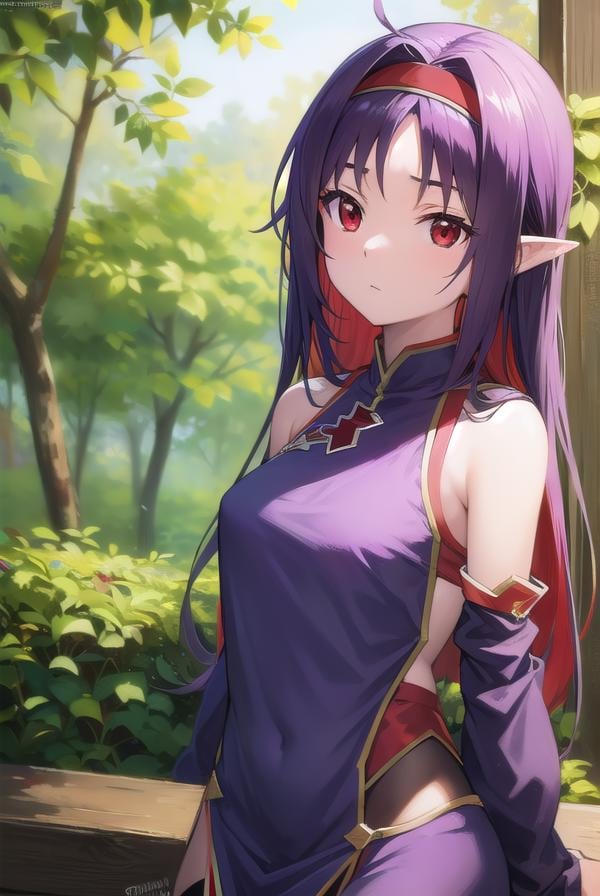 yuukikonno, <lora:yuukikonno-lora-nochekaiser:1>,yuuki konno, hairband, long hair, pointy ears, purple hair, (red eyes:1.5),BREAK black thighhighs, detached sleeves, thighhighs, dress, purple dress, armor, purple armor,BREAK looking at viewer, upper body, full body,BREAK outdoors, forest, nature,BREAK <lyco:GoodHands-beta2:1>, (masterpiece:1.2), best quality, high resolution, unity 8k wallpaper, (illustration:0.8), (beautiful detailed eyes:1.6), extremely detailed face, perfect lighting, extremely detailed CG, (perfect hands, perfect anatomy),