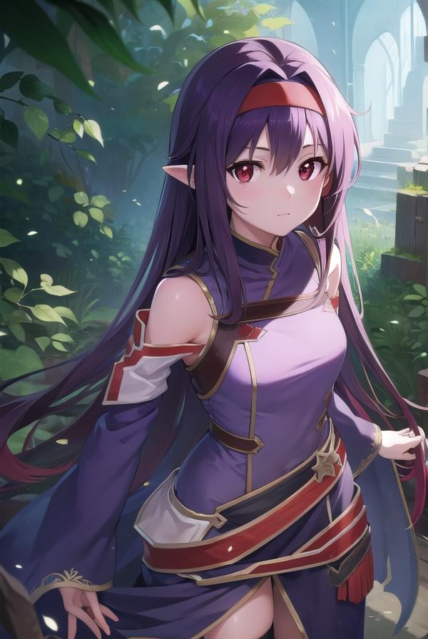 yuukikonno, <lora:yuukikonno-lora-nochekaiser:1>,yuuki konno, hairband, long hair, pointy ears, purple hair, (red eyes:1.5),BREAK black thighhighs, detached sleeves, thighhighs, dress, purple dress, armor, purple armor,BREAK looking at viewer, upper body, full body,BREAK outdoors, forest, nature,BREAK <lyco:GoodHands-beta2:1>, (masterpiece:1.2), best quality, high resolution, unity 8k wallpaper, (illustration:0.8), (beautiful detailed eyes:1.6), extremely detailed face, perfect lighting, extremely detailed CG, (perfect hands, perfect anatomy),