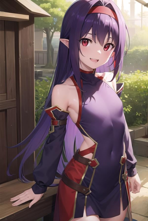 yuukikonno, <lora:yuukikonno-lora-nochekaiser:1>,yuuki konno, hairband, long hair, pointy ears, purple hair, (red eyes:1.5), (small breasts:1.2), <lora:talkmouth_E_v100:1>, open mouth,BREAK black thighhighs, detached sleeves, thighhighs, dress, purple dress, armor, purple armor,BREAK looking at viewer, upper body, full body,BREAK outdoors, forest, nature,BREAK <lyco:GoodHands-beta2:1>, (masterpiece:1.2), best quality, high resolution, unity 8k wallpaper, (illustration:0.8), (beautiful detailed eyes:1.6), extremely detailed face, perfect lighting, extremely detailed CG, (perfect hands, perfect anatomy),