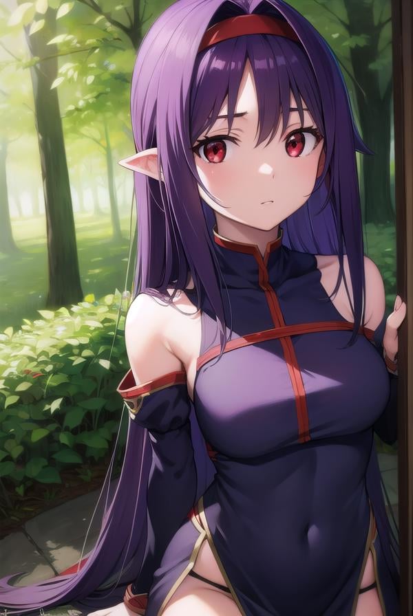 yuukikonno, <lora:yuukikonno-lora-nochekaiser:1>,yuuki konno, hairband, long hair, pointy ears, purple hair, (red eyes:1.5),BREAK black thighhighs, detached sleeves, thighhighs, dress, purple dress, armor, purple armor,BREAK looking at viewer, upper body, full body,BREAK outdoors, forest, nature,BREAK <lyco:GoodHands-beta2:1>, (masterpiece:1.2), best quality, high resolution, unity 8k wallpaper, (illustration:0.8), (beautiful detailed eyes:1.6), extremely detailed face, perfect lighting, extremely detailed CG, (perfect hands, perfect anatomy),